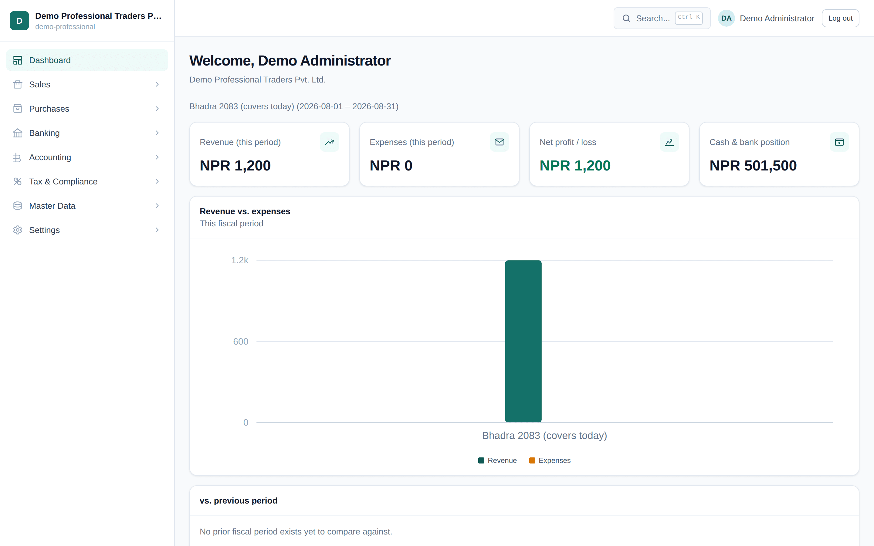 The HISABI dashboard showing revenue, expenses, and recent activity