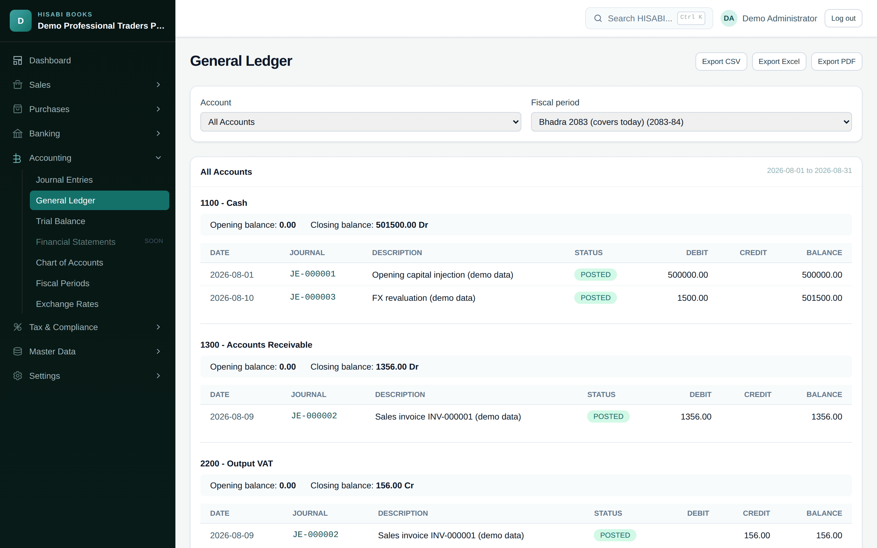 General Ledger showing account balances and posted journal lines