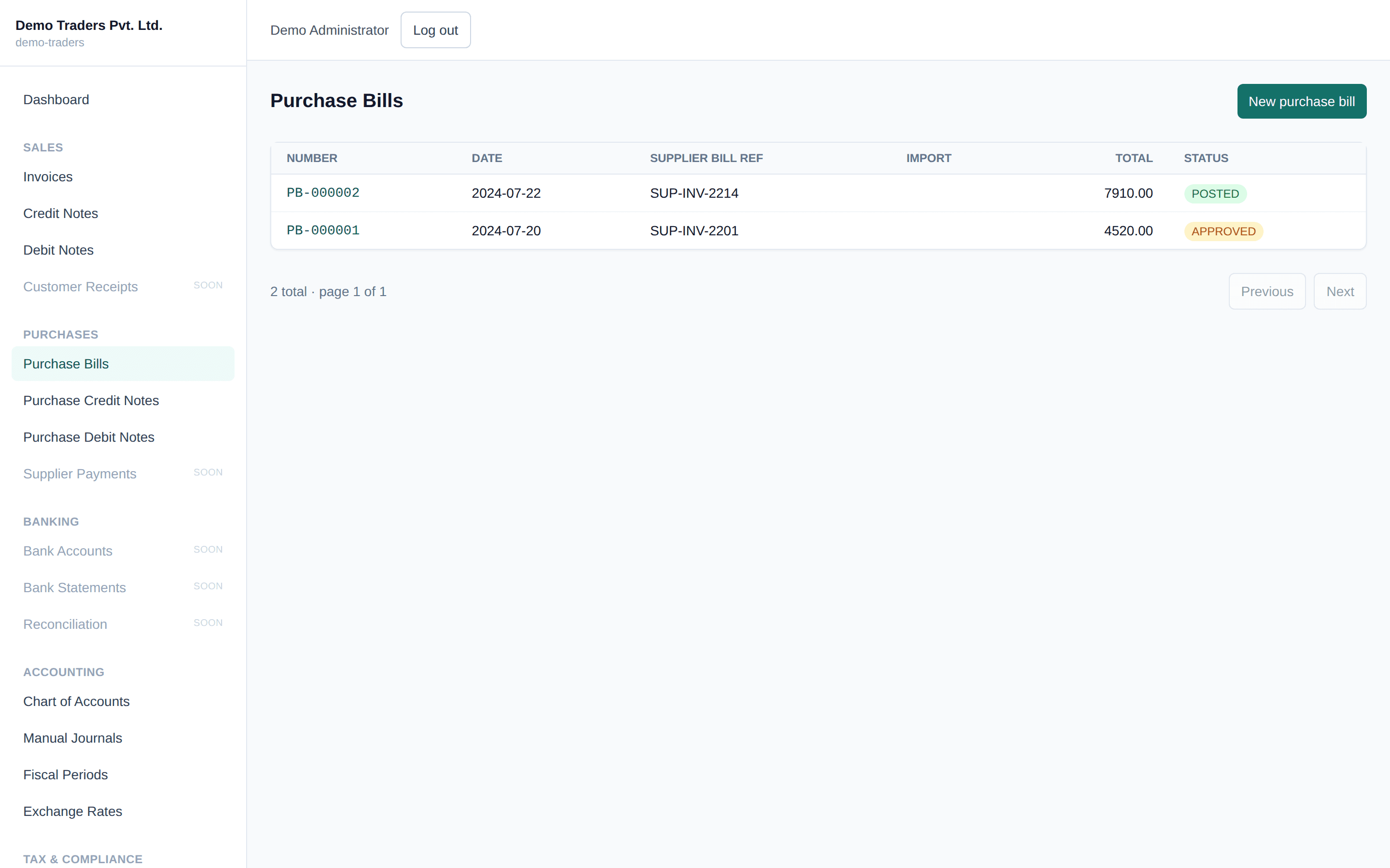 A list of purchase bills with status and totals