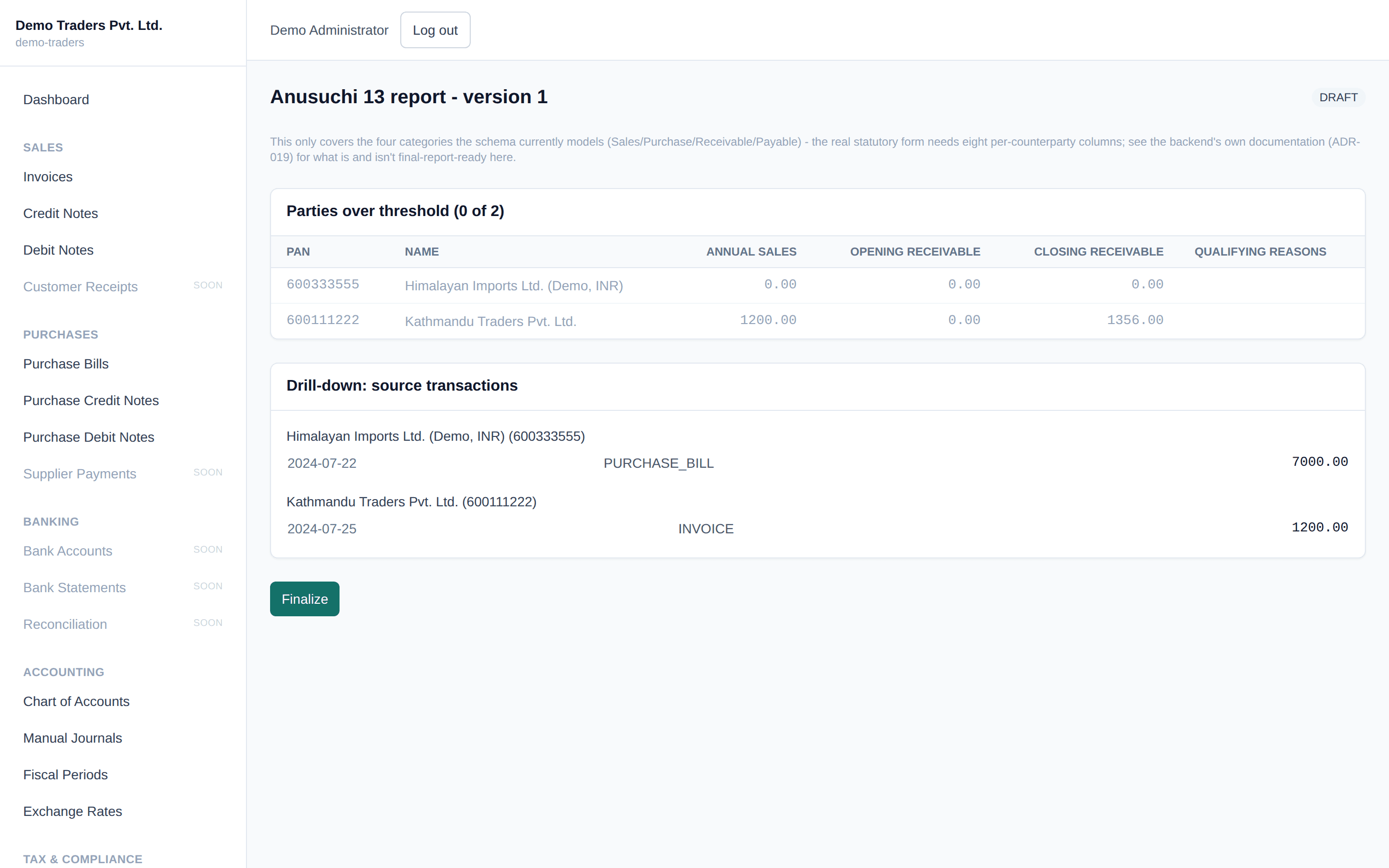 Anusuchi 13 party table with a drill-down to source transactions