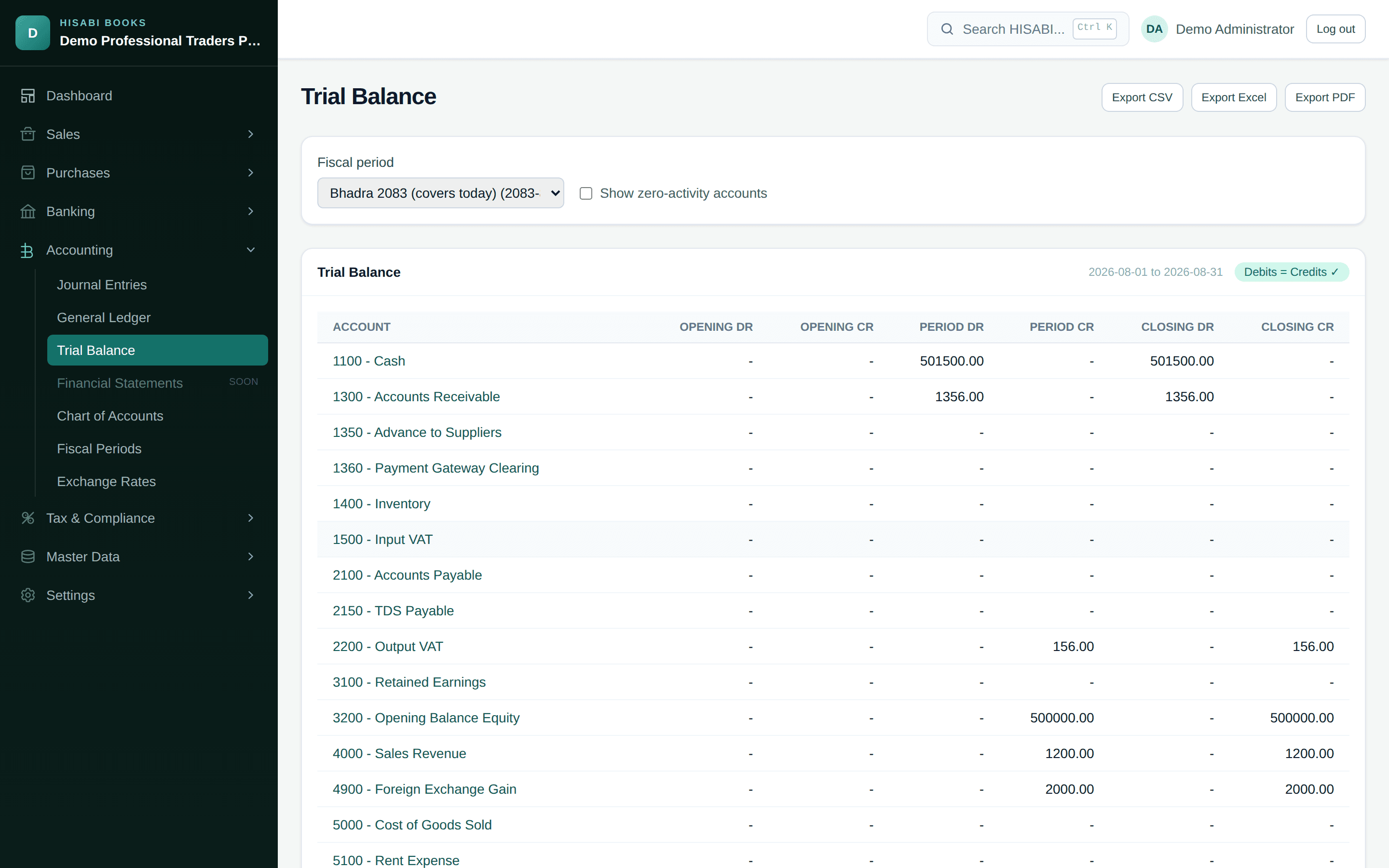 Trial Balance with a Debits = Credits confirmation badge