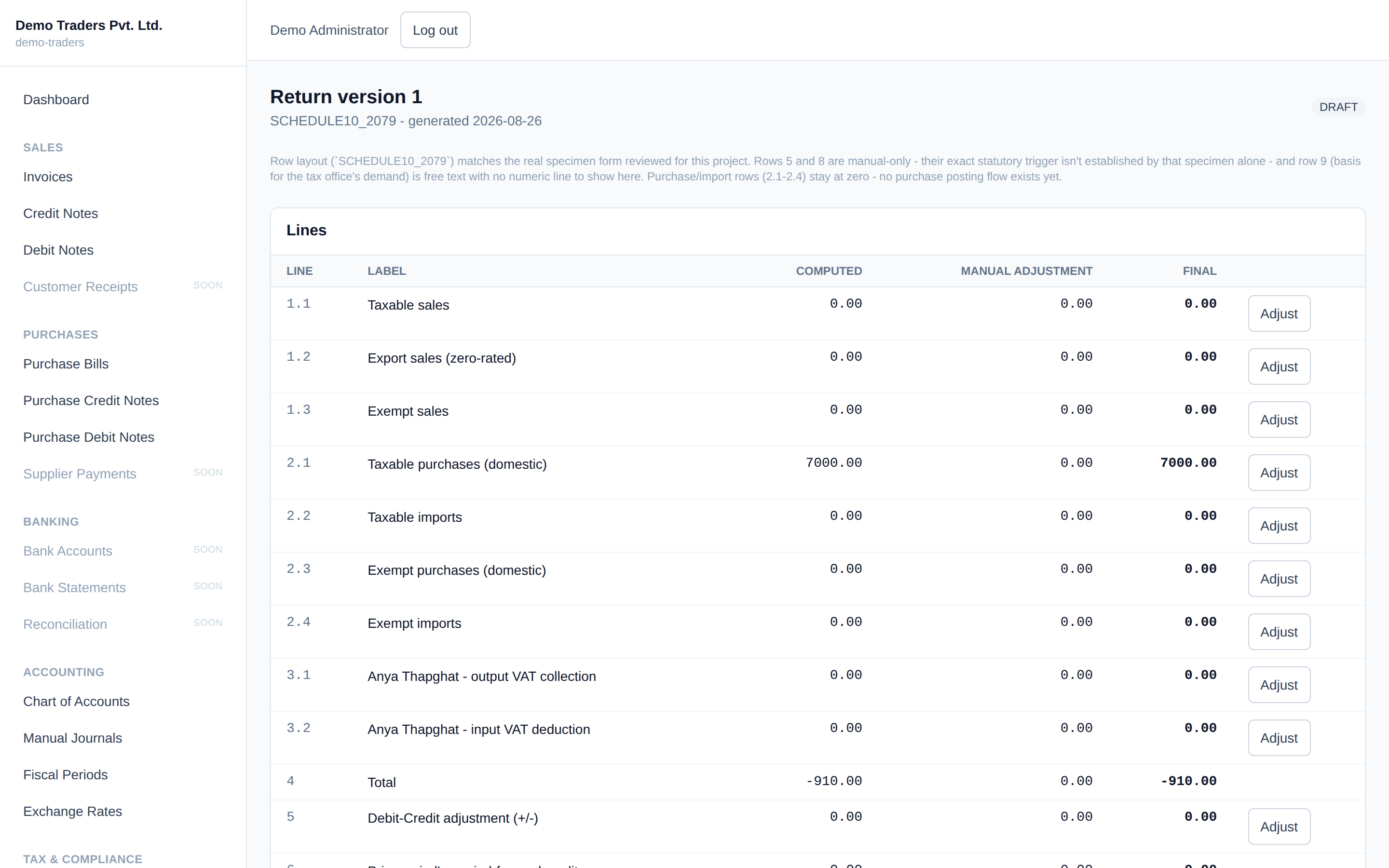 VAT Return line items with computed, manually adjusted, and final amounts